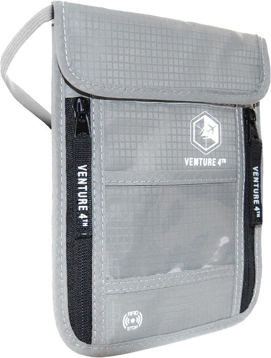 VENTURE 4TH Neck Wallet, RFID Blocking Passport Holder for Travel – Hidden Neck Pouch with 6 Compartments, Slim Lightweight Organizer with Adjustable Strap for Cash, Cards & Passport (Silver)