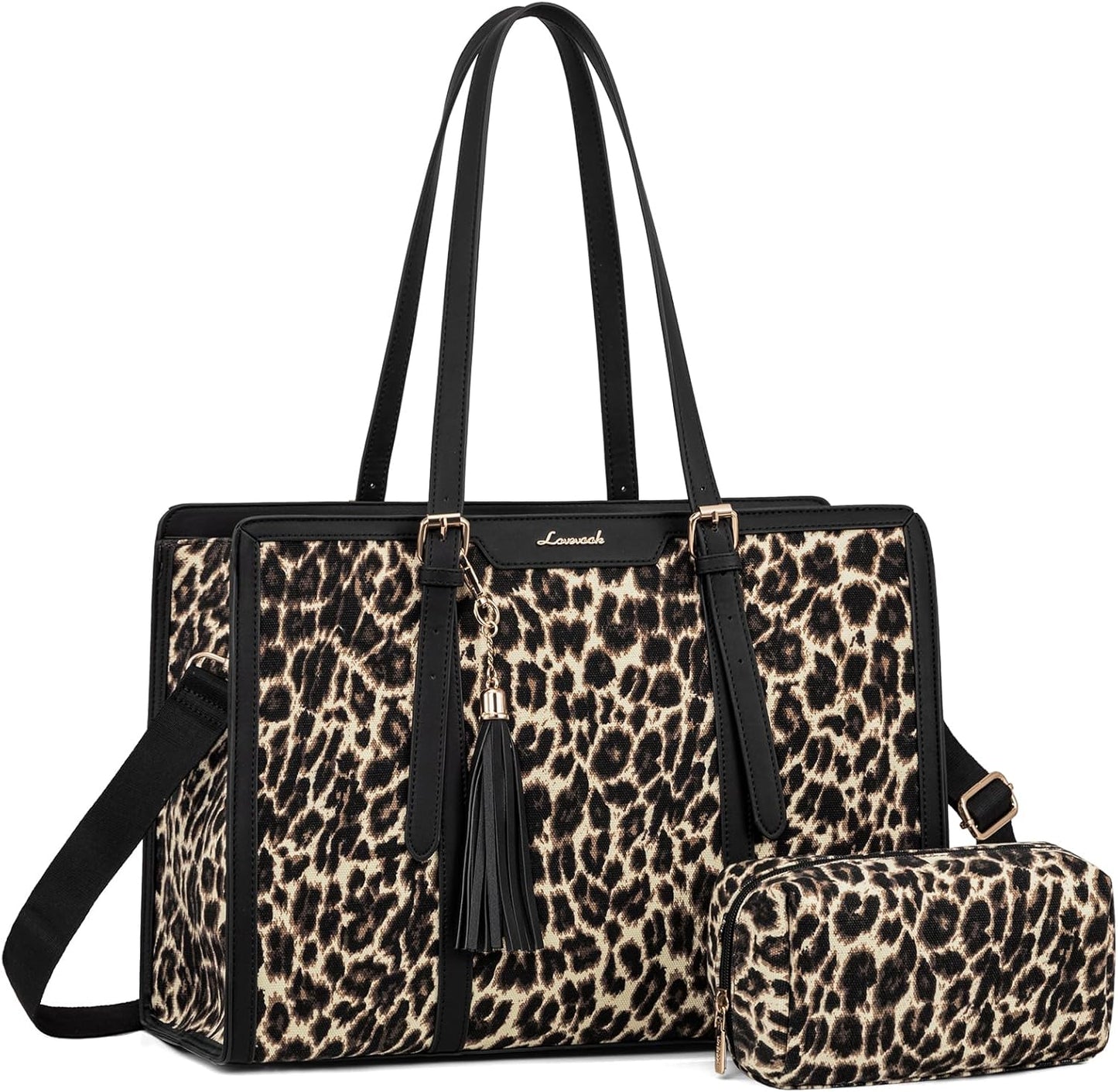 LOVEVOOK Laptop Bag for Women - 15.6 inch Lightweight Canvas Laptop Tote, Large Capacity Computer Bag with Clutch Purse for Business, Work, Office, Travel, Leopard