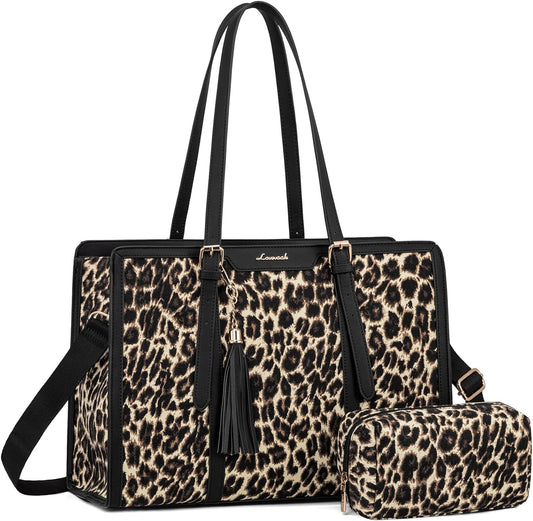 LOVEVOOK Laptop Bag for Women - 15.6 inch Lightweight Canvas Laptop Tote, Large Capacity Computer Bag with Clutch Purse for Business, Work, Office, Travel, Leopard