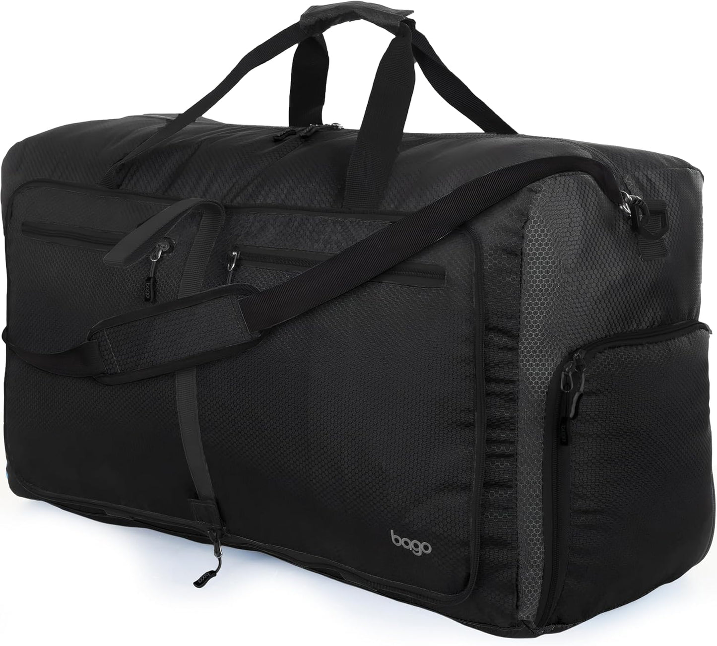 Bago Foldable Duffel Bags for Traveling Women & Men - 60L Medium Packable Duffle Bag for Travel with Shoe Compartment - Water Repellant, Heavy Duty, Lightweight Folding & Collapsible (All Black)