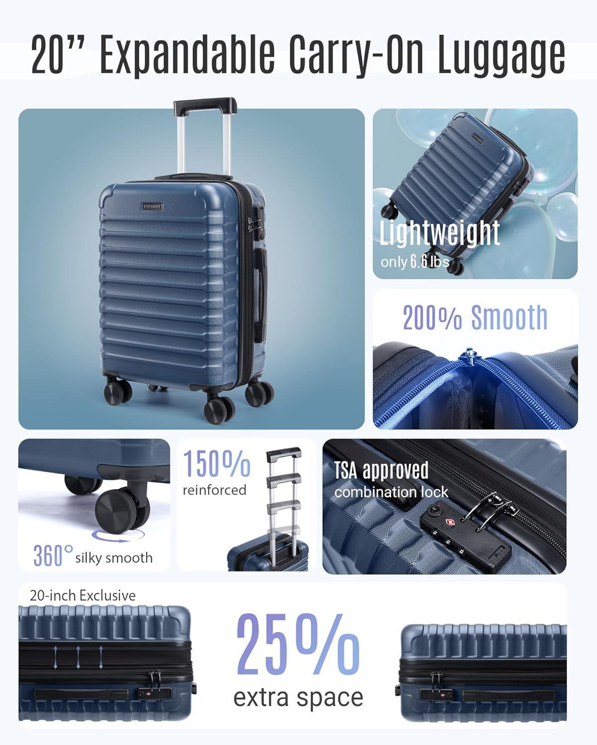 LIGHT FLIGHT Carry On Luggage 22x14x9 Airline Approved, Carry On Suitcases with Wheels, Expandable Hardside Lightweight Rolling Travel Luggage with TSA Lock 20 Inch Carryon, Royal Blue