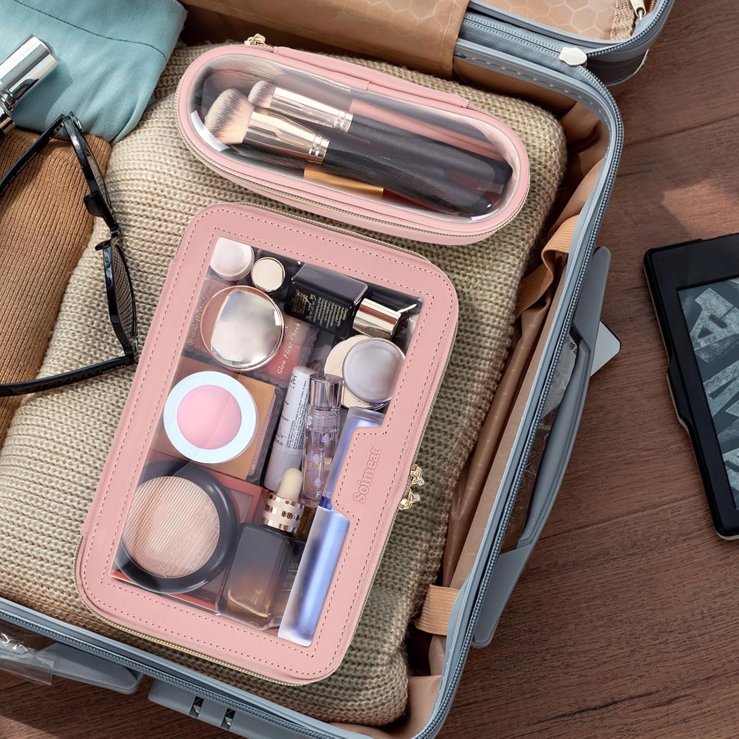 Travel Clear Makeup Bag with Makeup Brush Bag, Leather Makeup Case Toiletry Bag, Portable Cosmetic Bag Case, Transparent Waterproof Cosmetic Organizer Storage Bag for Women, Pink