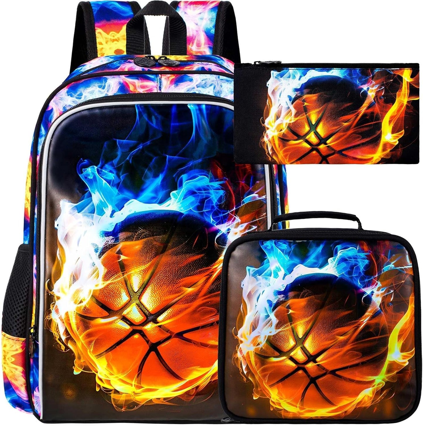 UFNDC 3PCS Kids Basketball Backpack, Boys Fire School Bag with Lunch Box, 17" Water Resistant Bookbag for Teenagers Elementary Middle