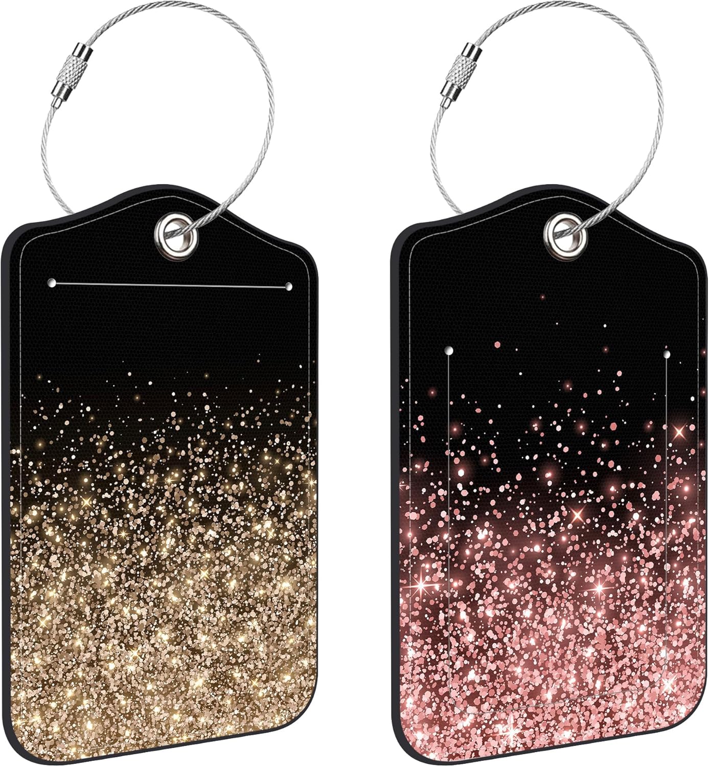 2 Pcs Luggage Tags for Suitcases, Rose and Gold Glitter Leather Bag Tags for Luggage Privacy Cover Name ID Label with Stainless Steel Loop Cruise Airport Travel Essentials