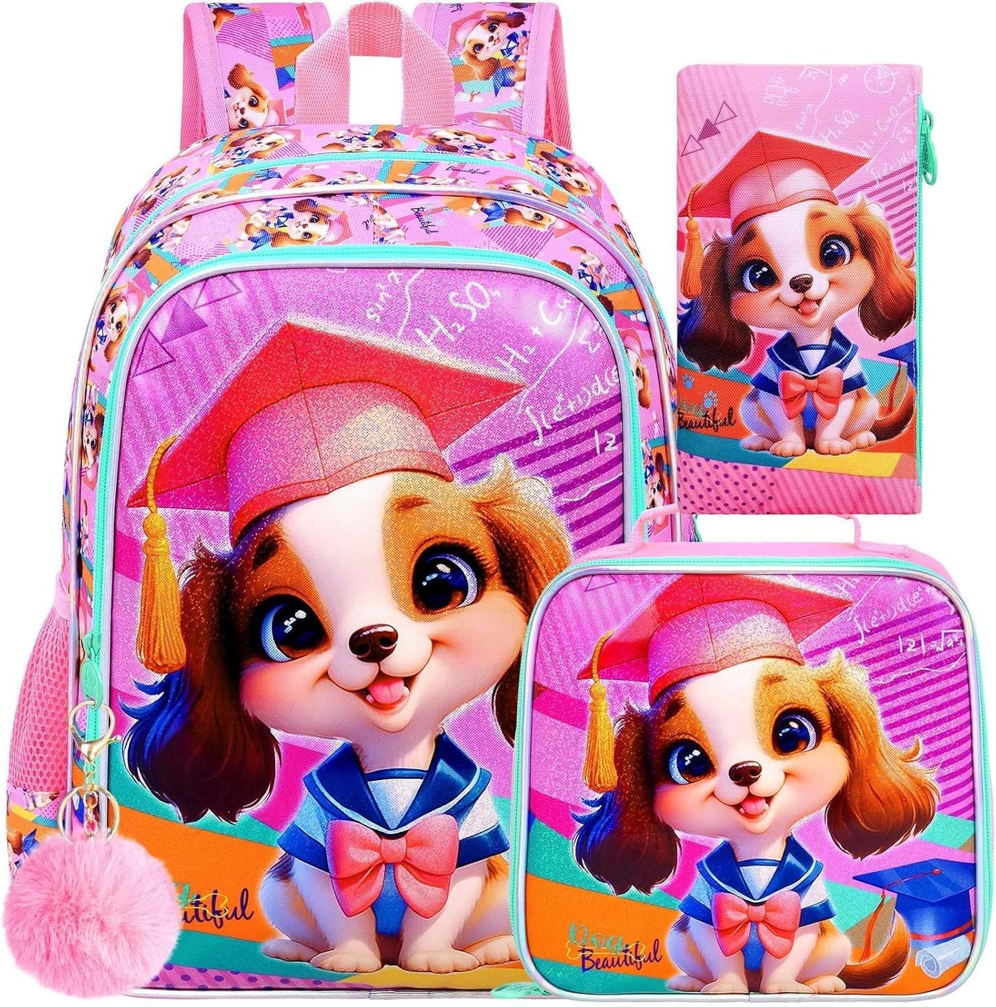 3PCS Girls Dog Backpack, 16" Kids Bookbag with Lunch Box, Kids Water Resistant Elementary Preschool Toddler School Bag - Pink Dr. Dog