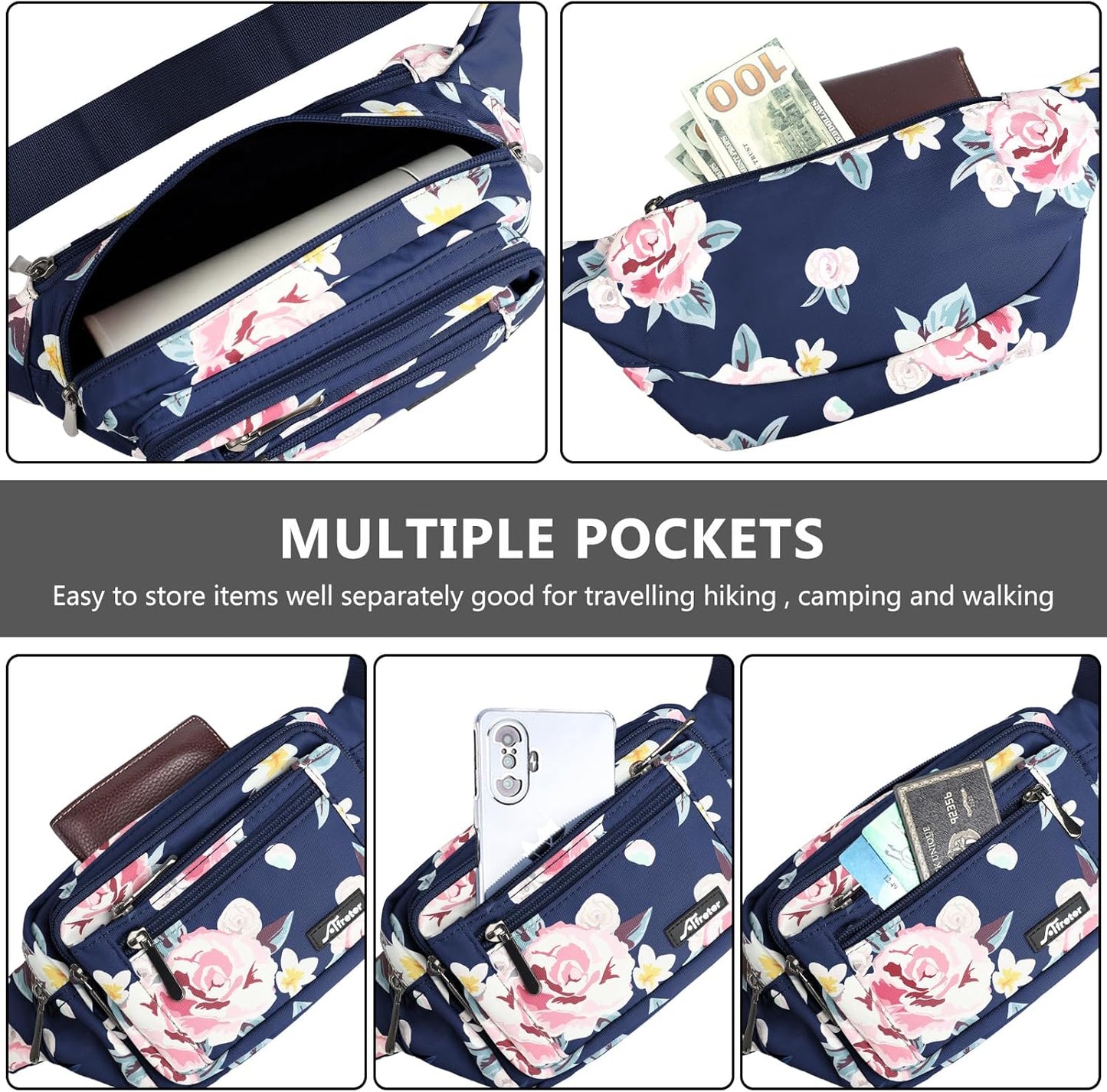 Waist Pack Bag Fanny Pack for Men&Women Hip Bum Bag with Adjustable Strap for Outdoors Workout Traveling Casual Running Hiking Cycling (New Blue Flowers)