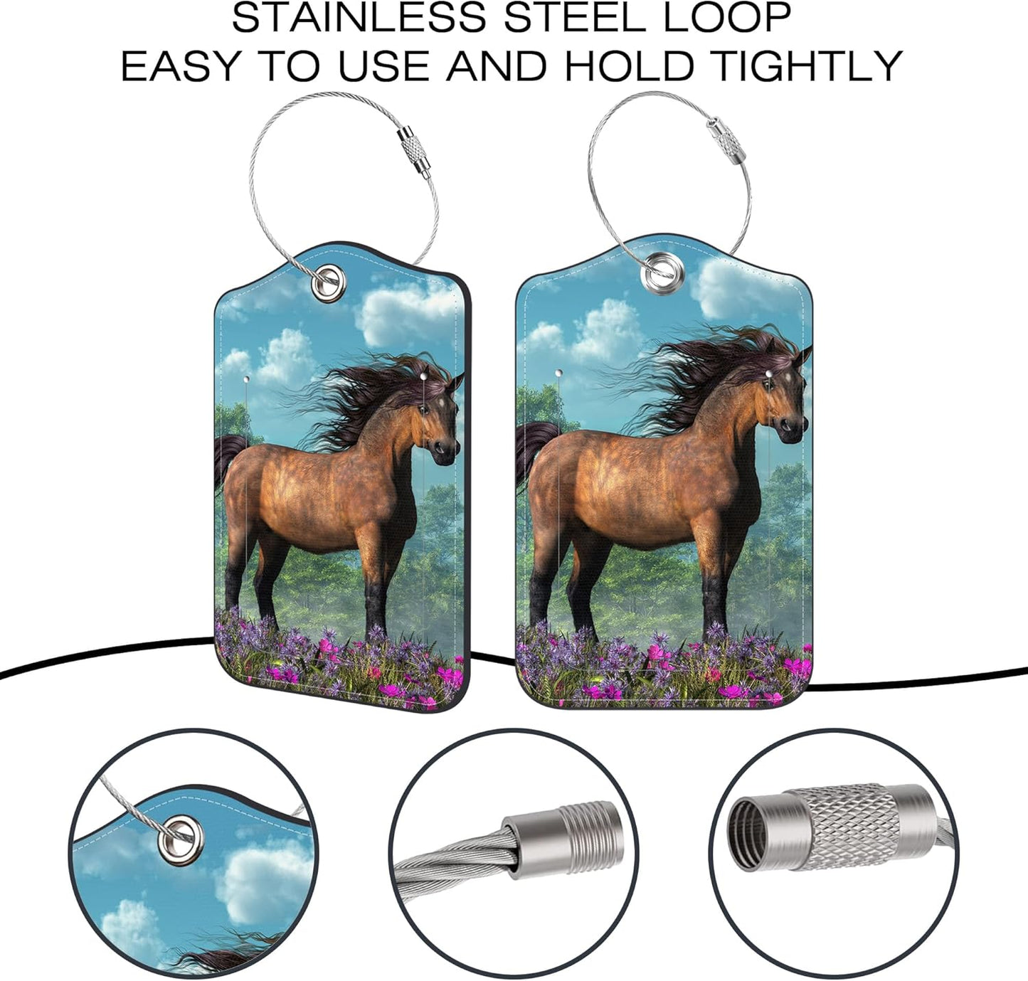 2 Pack Luggage Tags,Brown Pony PU Leather Idea Baggage Tag with ID Labels Privacy Cover Metal Ring Men and Women Travel Bag Labels