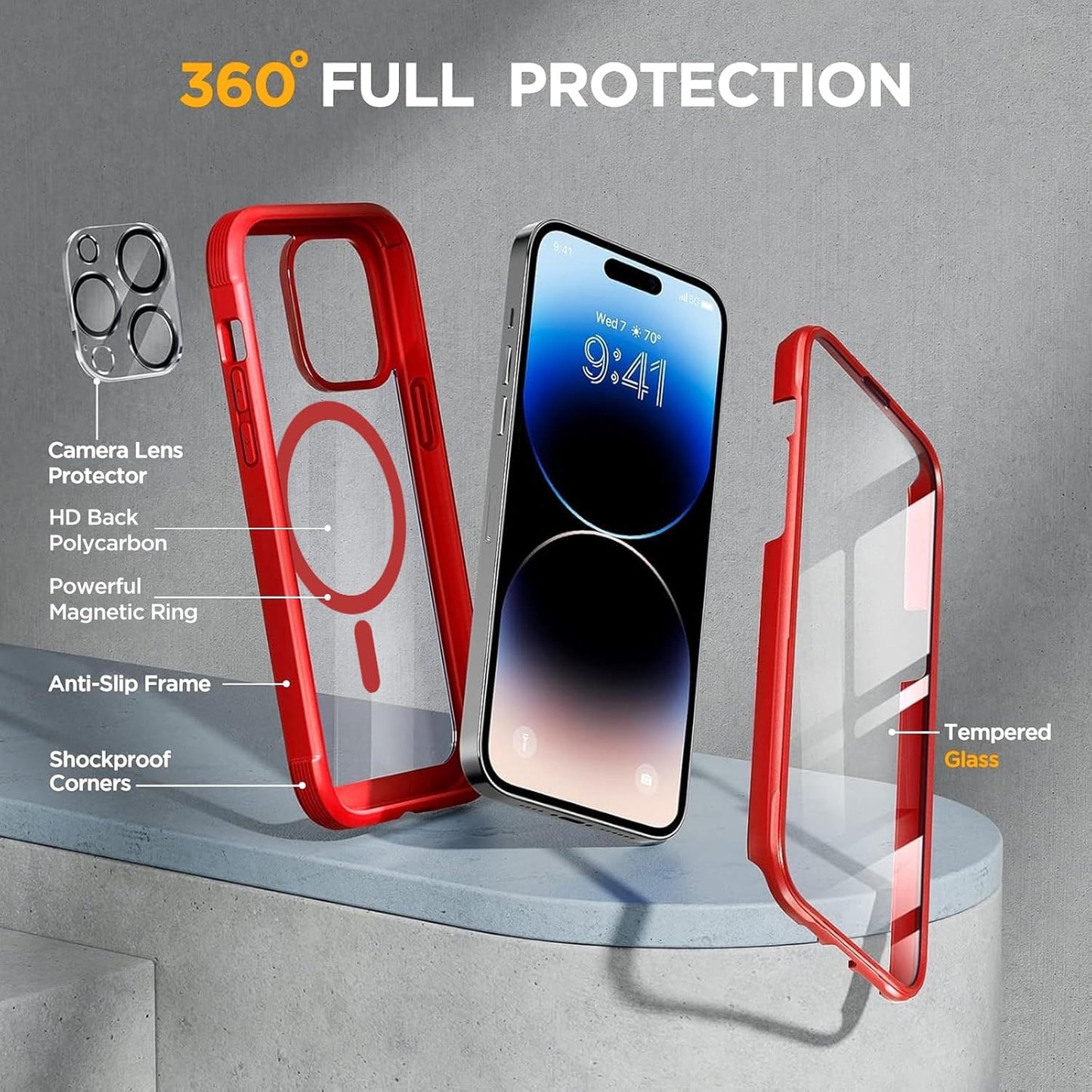Miracase Magnetic for iPhone 14 Pro Max Case 6.7 inch, (Compatible with MagSafe) Upgrade Full-Body Clear Phone Bumper Case with Built-in 9H Tempered Glass Screen Protector, Magnetic Red