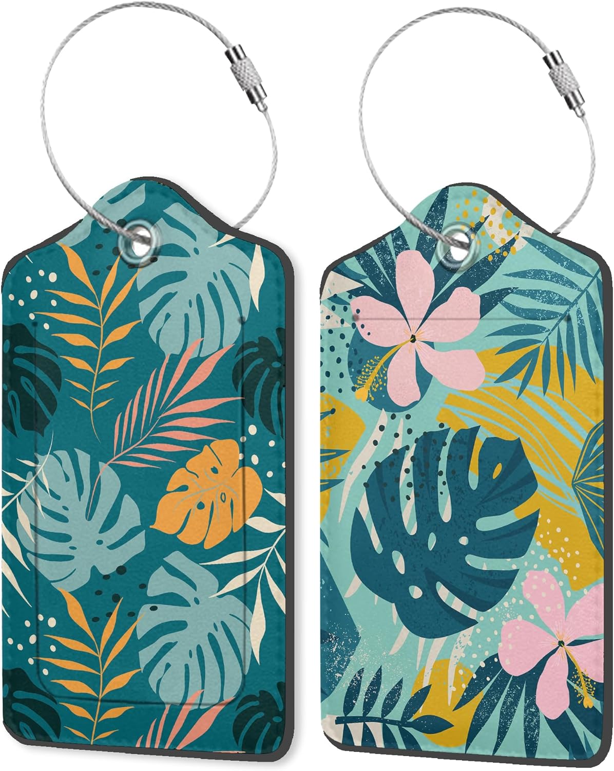 Boho Foliage Botanical Tropical Palm Leaves and Floral 2 Pack PU Leather Luggage Tags with Stainless Steel Loop, Travel Labels with Privacy Cover ID Label for Quick Spotting