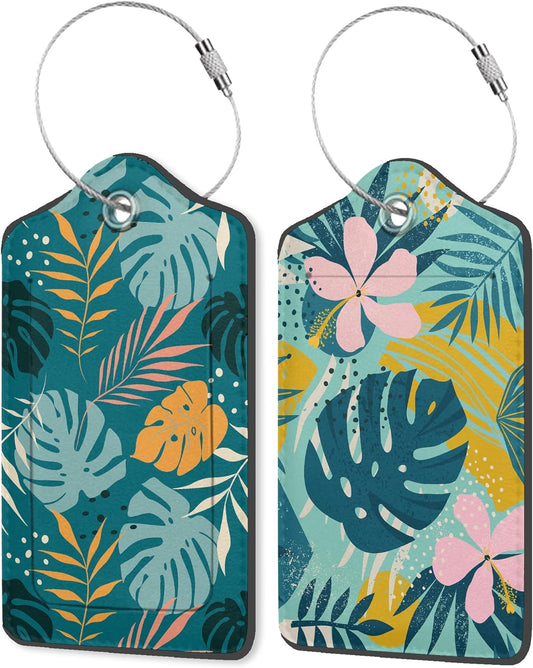 Boho Foliage Botanical Tropical Palm Leaves and Floral 2 Pack PU Leather Luggage Tags with Stainless Steel Loop, Travel Labels with Privacy Cover ID Label for Quick Spotting