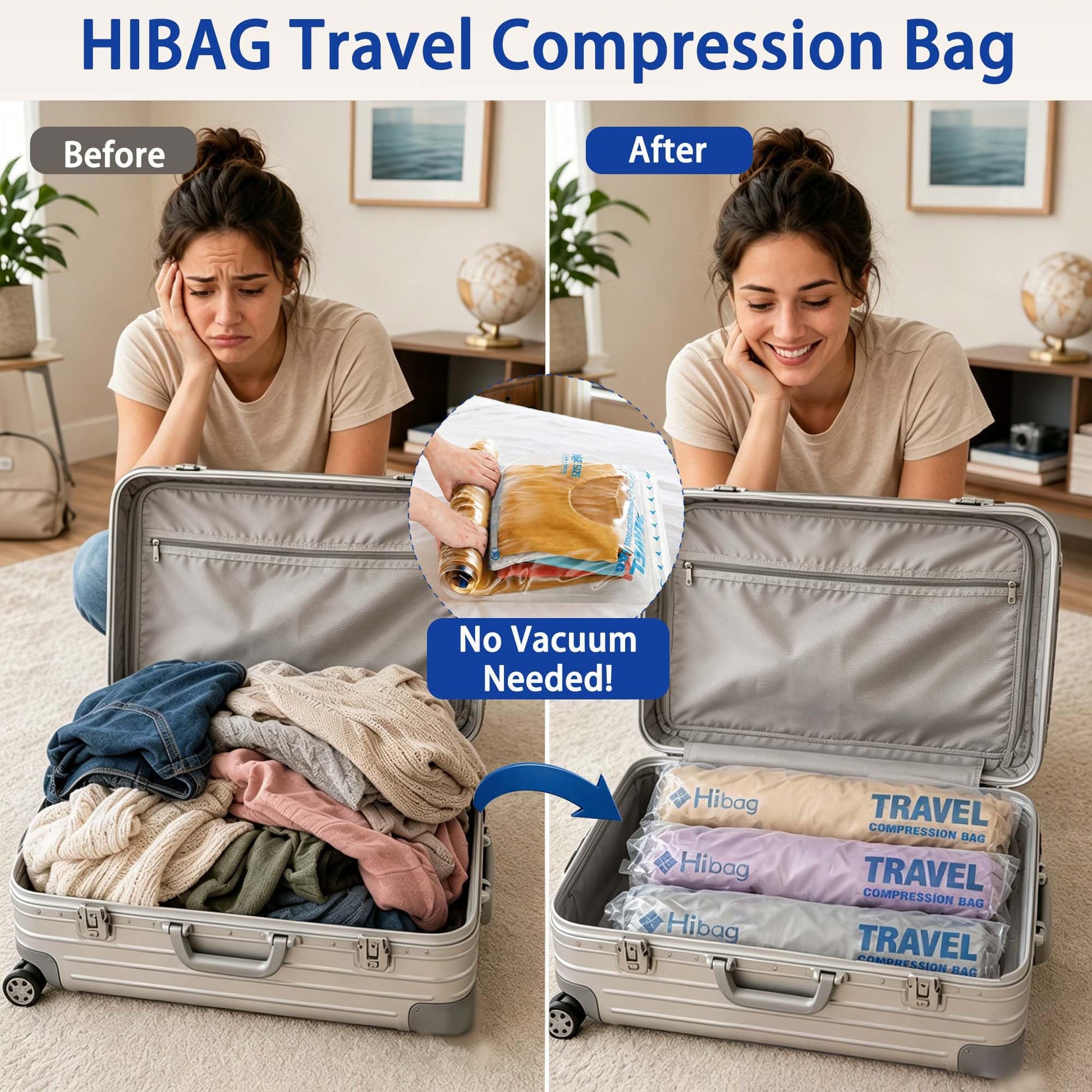 Compression Bags for Travel Essentials, Roll Up Bags No Vacuum Needed