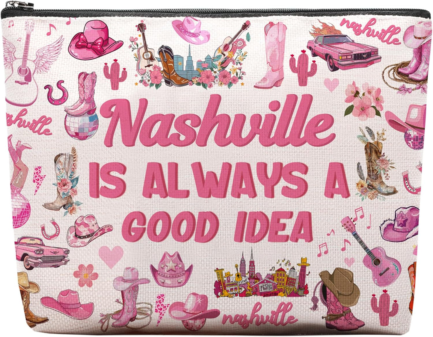 Nashville Travel Gifts Makeup Bag, Nashville Lover Accessories Souvenirs, Country Music Gifts for Traveller Women Friends, Birthday Bachelorette Party Favors Women Trip Cosmetic Bag Pouch