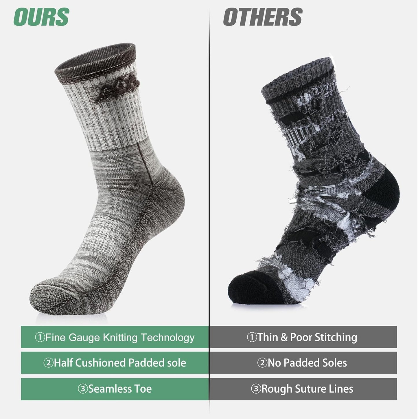 innotree 3 Pack Men's Merino Wool Hiking Socks, Micro Crew Cushioned Hiking Walking Thermal
