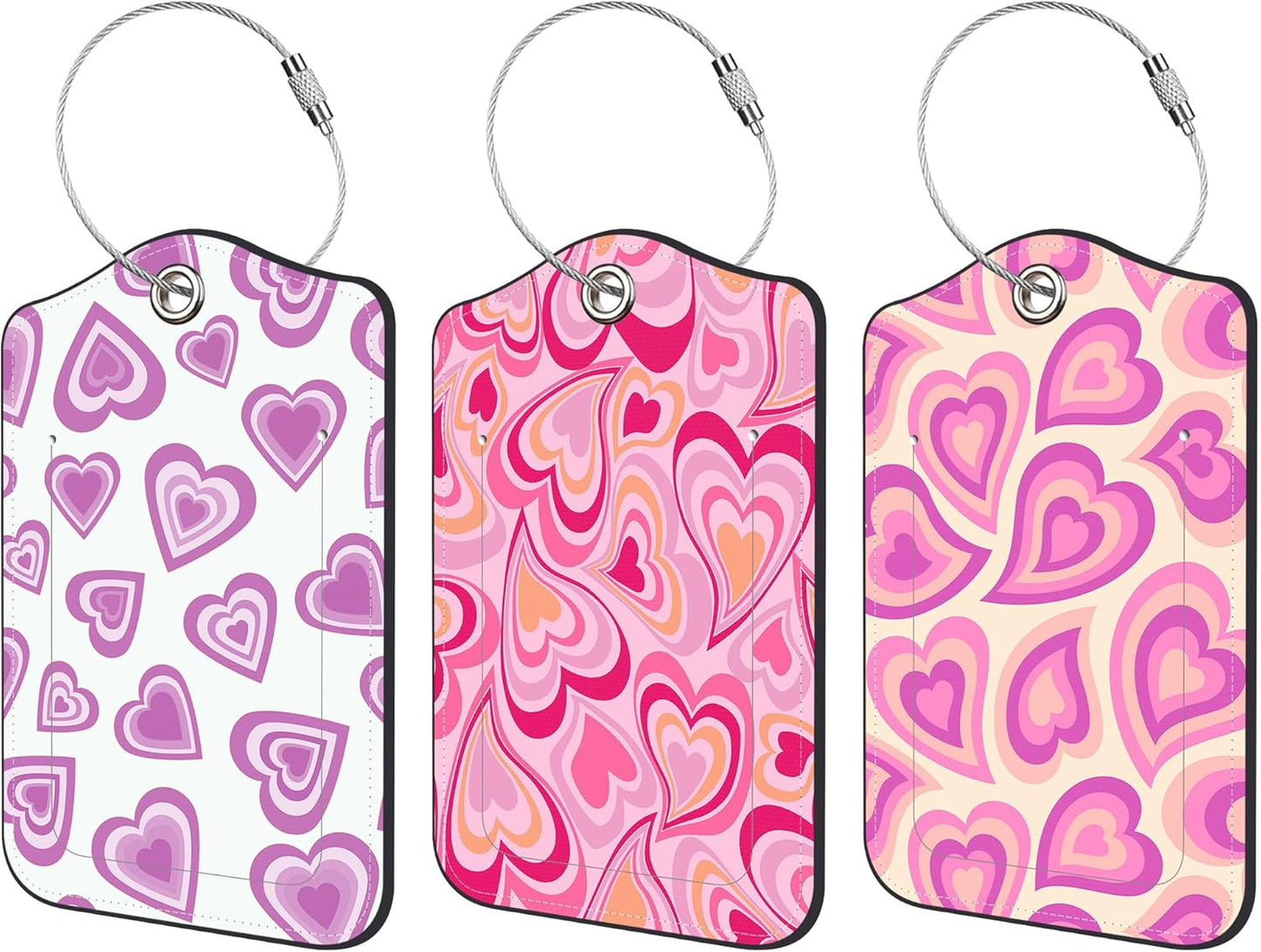 3 Pack PU Luggage Tags for Suitcase, Love Hearts Suitcase Tag Leather Privacy Cover ID Label with Stainless Steel Loop for Baggage Handbag School Bag Backpack
