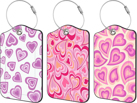 3 Pack PU Luggage Tags for Suitcase, Love Hearts Suitcase Tag Leather Privacy Cover ID Label with Stainless Steel Loop for Baggage Handbag School Bag Backpack