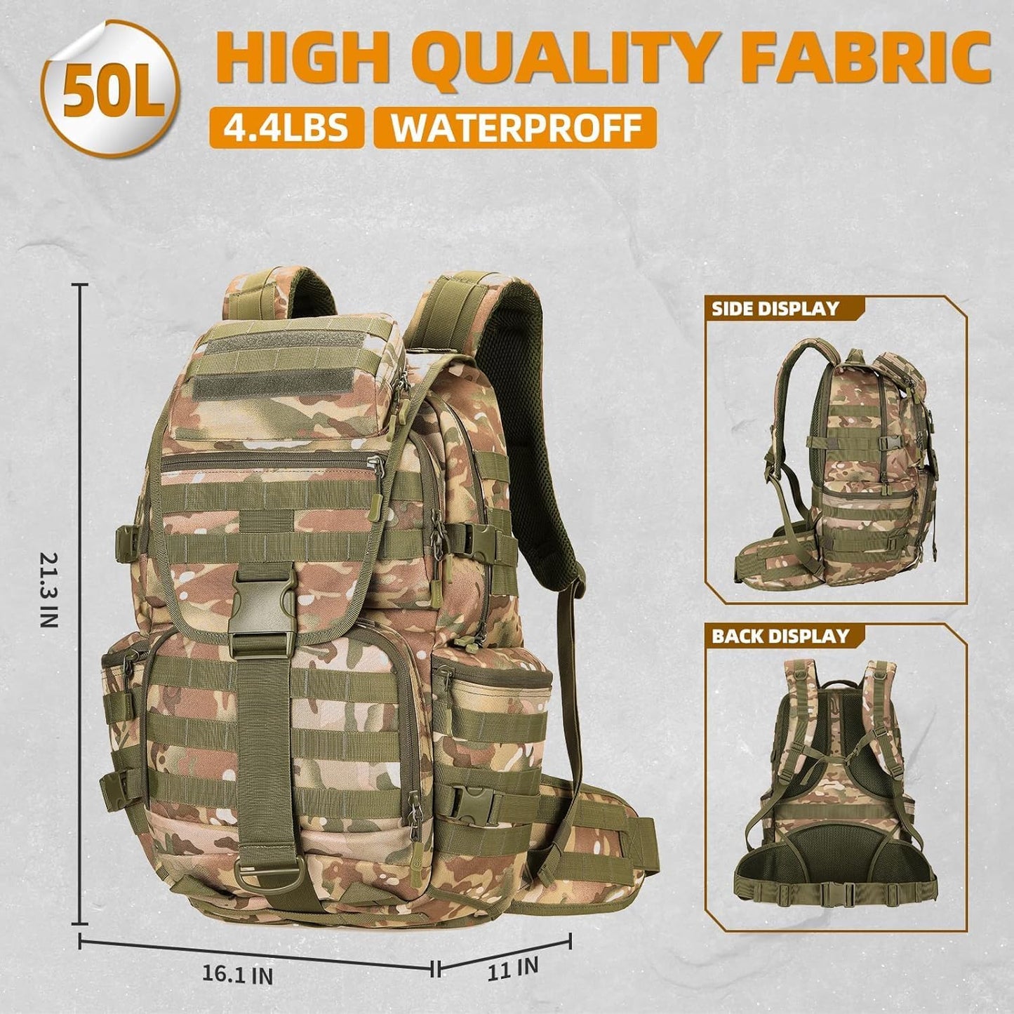 50L Military Tactical Backpack 3 Day Assault Pack Molle Daypack Hiking Backpack for Men and Women