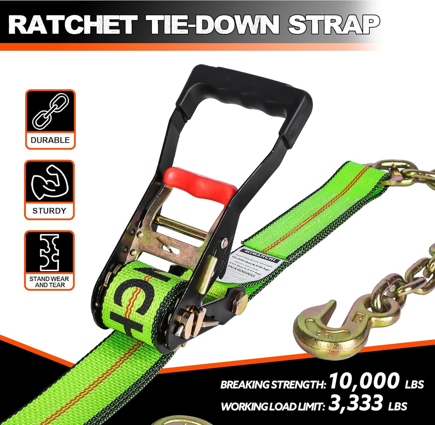 2" x 27' Ratchet Straps with Chain Extension and Grab Hooks,Heavy-Duty Tie Down Straps 3,333 lbs Working Load Limit and 10,000 lbs Break Strength for Cargo Straps for Secure Transport 4Pac
