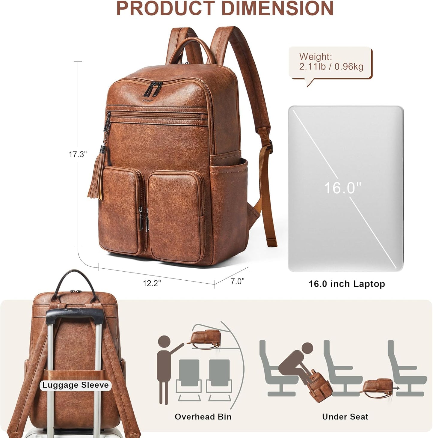 Shrrie Laptop Backpack for Women 16 Inch,Vegan Leather Travel Backpack Purse Work Business Computer Backpacks Teacher Nurse College Laptop Bookbag Casual Daypack,Two-toned Brown
