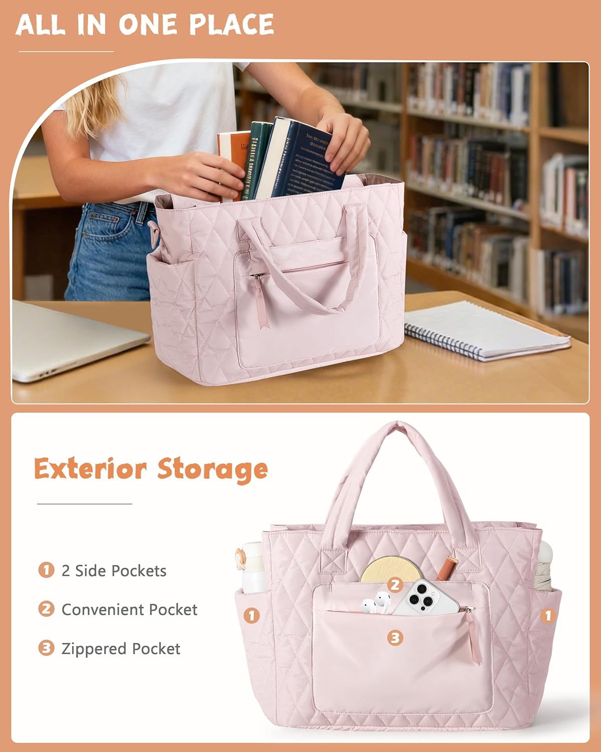 Tote Bag for Women - Puffer Work Tote with Laptop Compartment, Quilted College Shoulder Bag with Zipper for Work