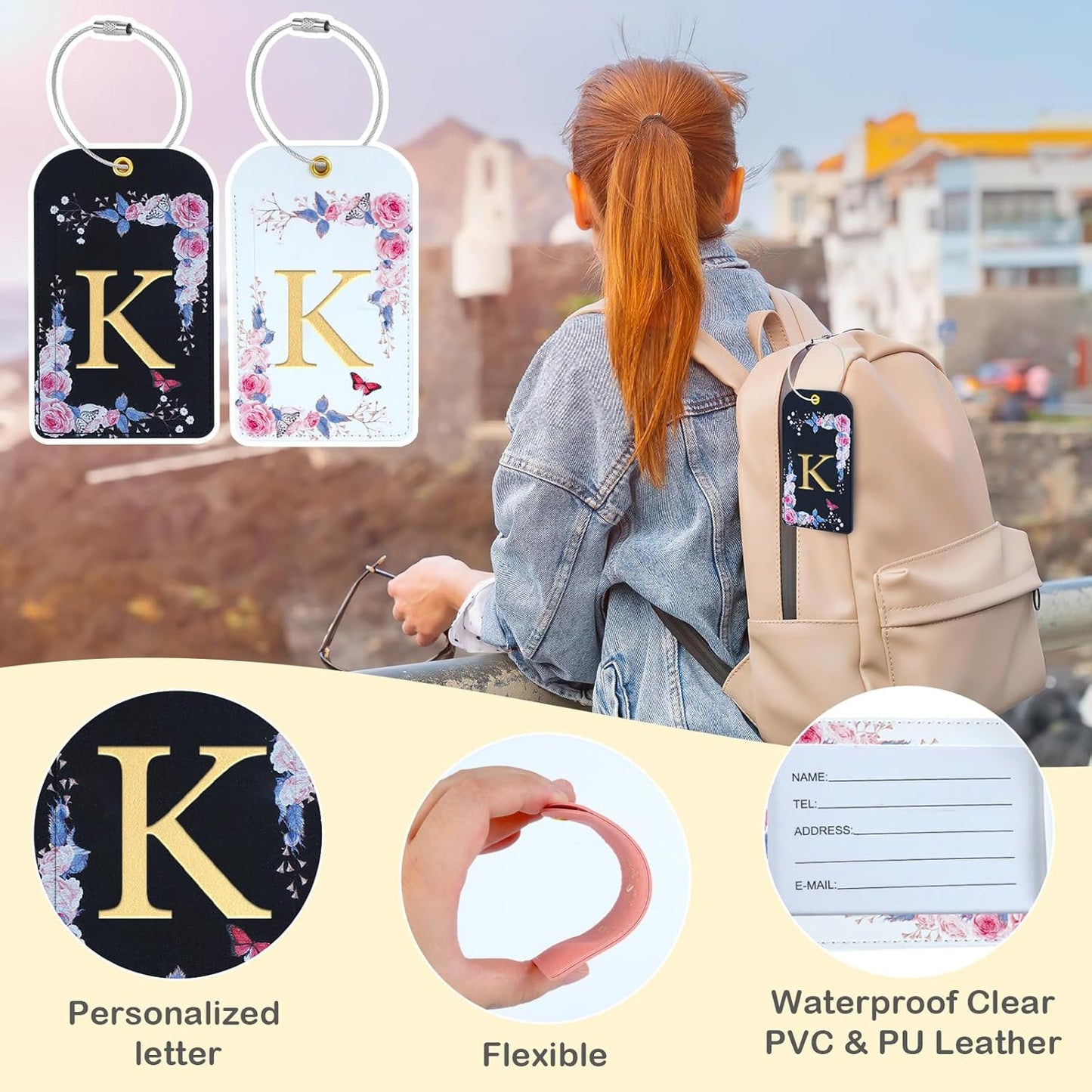 3 Pack Luxury Floral Luggage Tags, Durable PU Leather Suitcase Tags with Stainless Steel Cable Strap, Hidden ID Slot for Privacy Protection, Easy to Identify Waterproof Travel Accessories Gift (K)