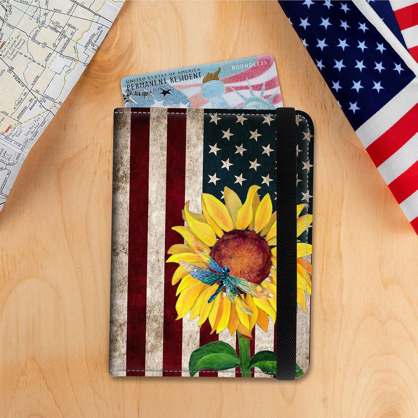 Passport Holder Cover Wallet Travel Essentials RFID Blocking Case Leather Passport Cover Wallet Vaccine Card Slot Organizer for Men Women, Flag Sunflower