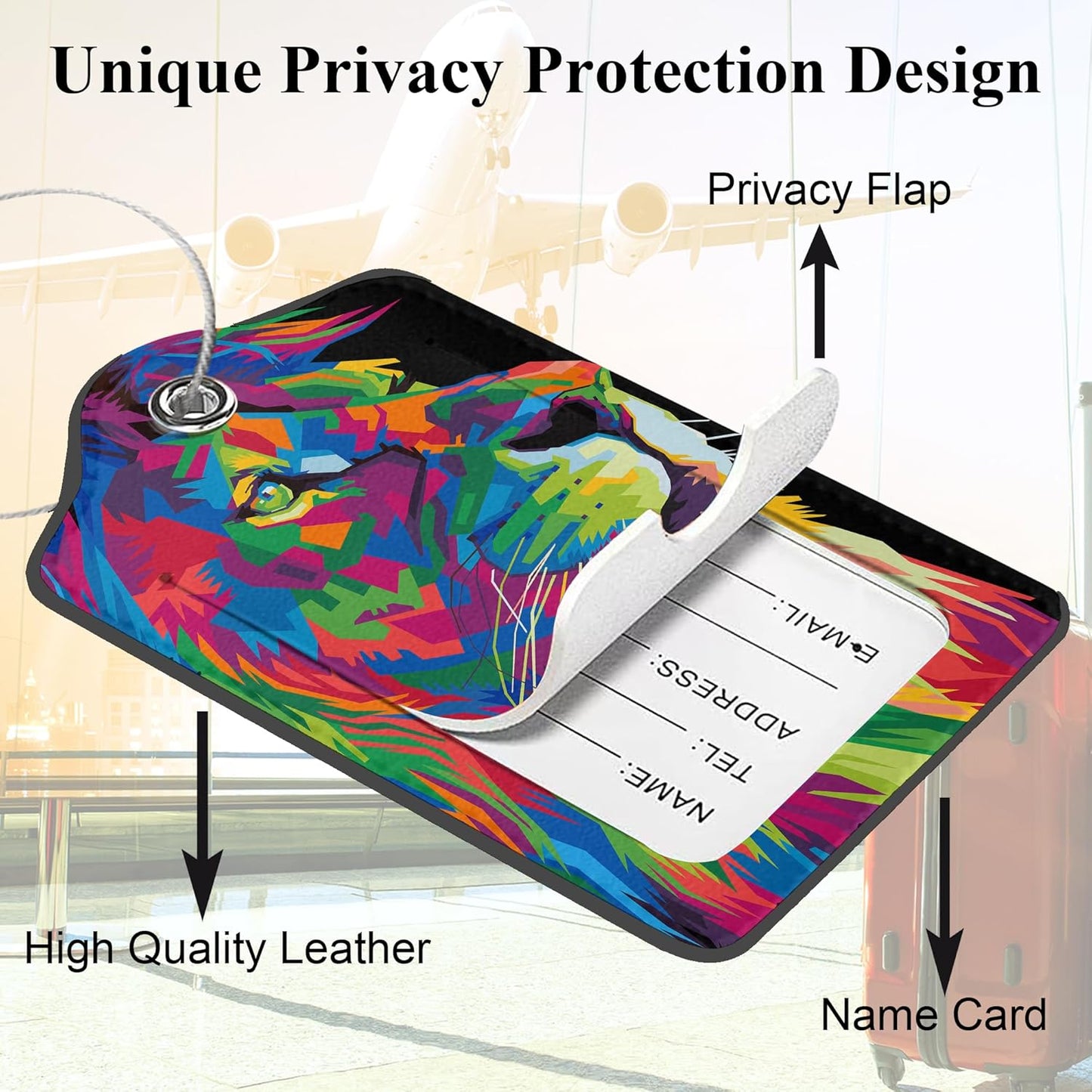 Colorful Pop Art Lion PU Leather Luggage Tags for Suitcase, Travel Cruise 2 Pack with Privacy Flap, Name ID Label and Metal Loop for Women Men Girls Baggage Backpack