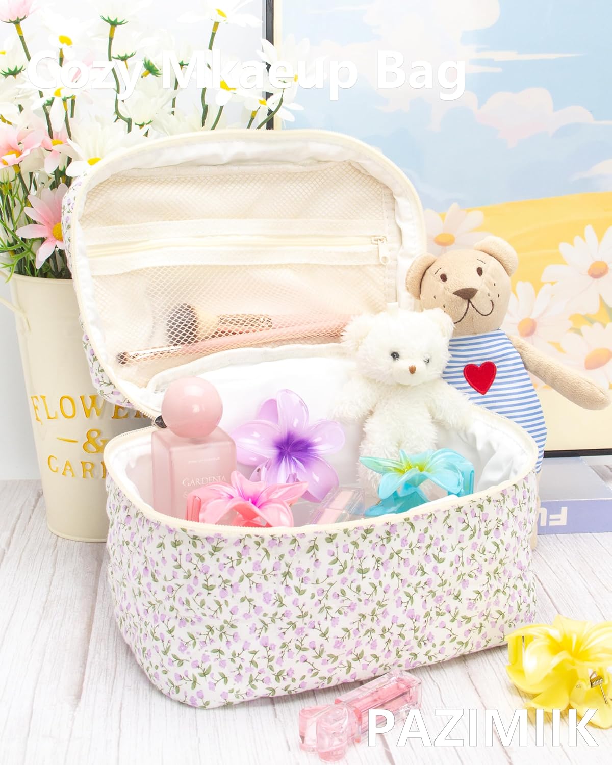 PAZIMIIK Quilted Makeup Bag Large Travel Zipper Soft Cosmetic Case for Women Girls Make Up,Floral
