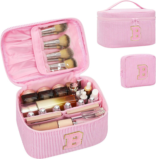 MONSTINA Cute Makeup Bag for Girls&Women Personalized Initial Toiletry Bag,Make Up Case for 11 12 13 14 15 16 Years Old Teen Girls Gift Trendy Stuff Birthday Gift for Her,2PCS Pink B