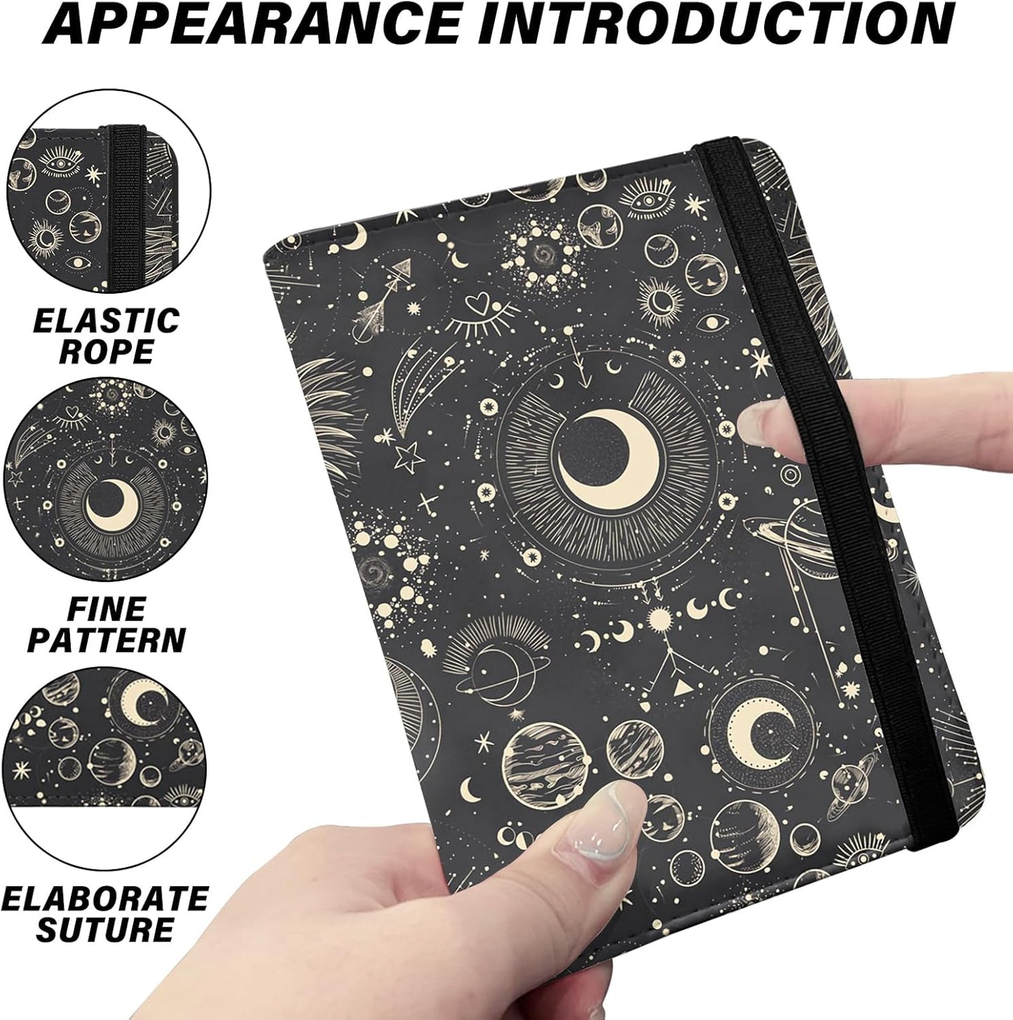 Cute Passport Holder and Holder Combo Passport Cover with Compatible Wallet Credit Card Protector RFID Blocking Women Men (Black Moon Sun)