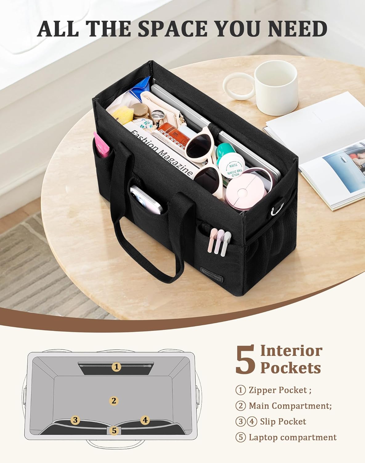 Canvas Tote Bag for Women, Large Shoulder Bag with Laptop Compartment & Zipper, Ideal for Work Travel College Teacher