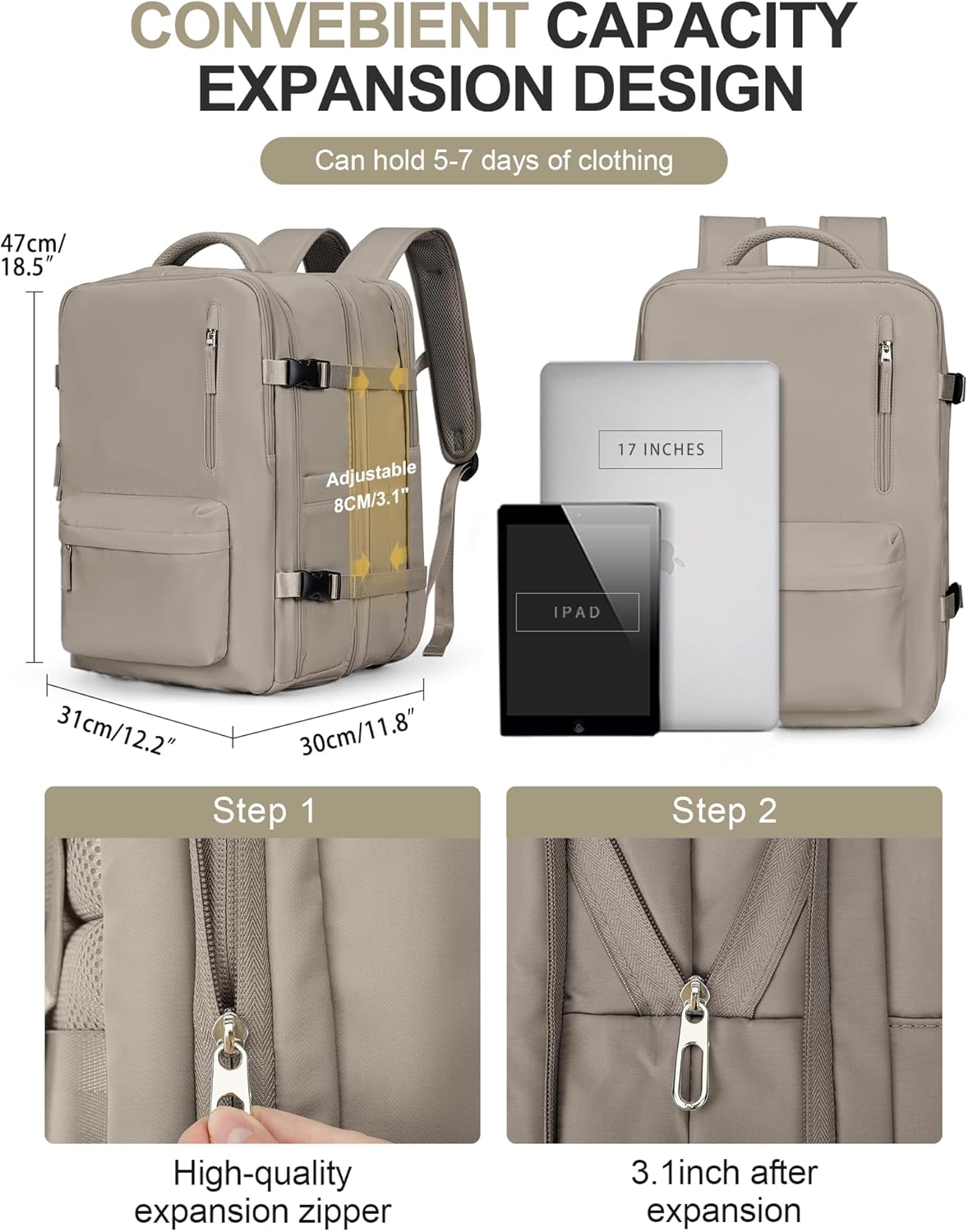 WONHOX Large Travel Backpack Carry on Flight Approved Laptop Work Business Backpack for Women Men Mochila de Viaje