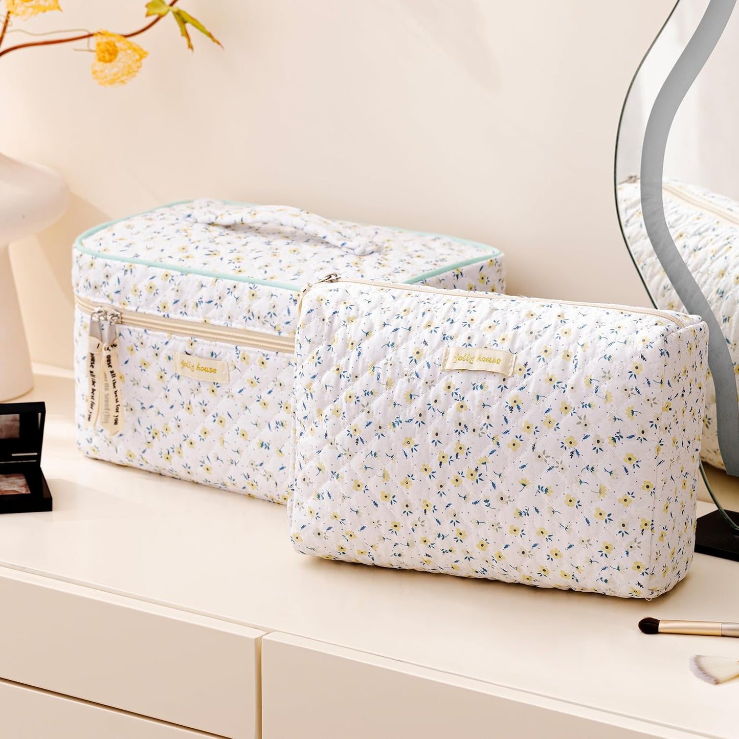 HBselect Quilted Makeup Bag, 3PCS Cotton Large Travel Makeup Bag, Cute Floral Coquette Make up Bag