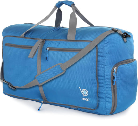 Bago Large Foldable Duffel Bags for Traveling Women & Men - 80L Packable Duffle Bag for Travel with Shoe Compartment - Water Repellant, Heavy Duty, Lightweight Folding & Collapsible (Blue)