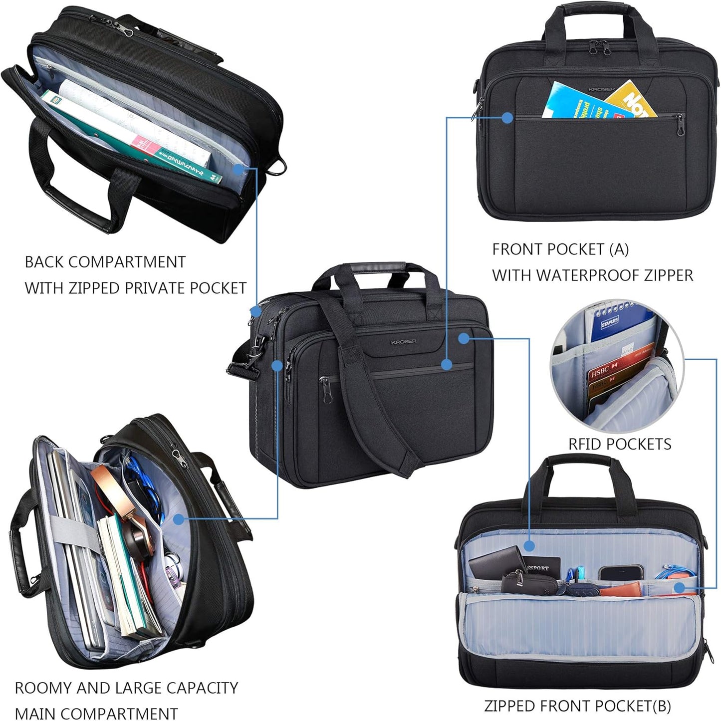 KROSER Laptop Bag Expandable Laptop Briefcase Fits Up to 17.3 Inch Laptop Water-Repellent Shoulder Messenger Bag Computer Bag for Travel/Business/Men/Women-Black