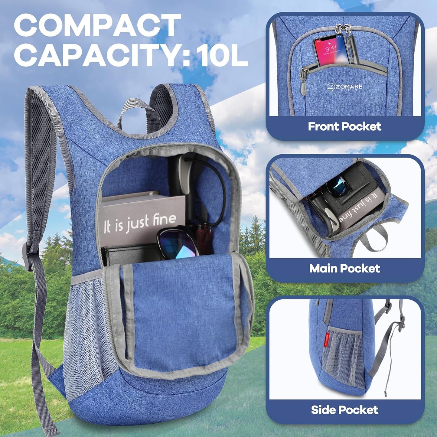 ZOMAKE Ultra Lightweight Packable Backpack 10L,Small Foldable Backpacks Hiking Water Resistant Collapsible Daypack for Women Men(Dark Blue-A1)