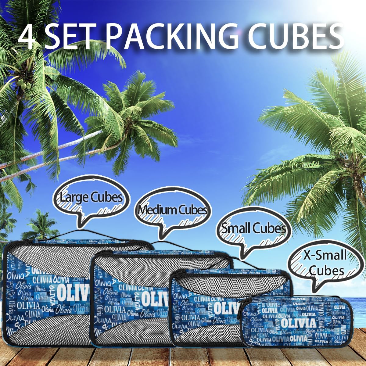 Custom 4 Set Packing Cubes for Travel, Personalized Mesh Travel Luggage Packing Organizers for Women Men, Watercolor Blue Geometric Pattern for Men Boys