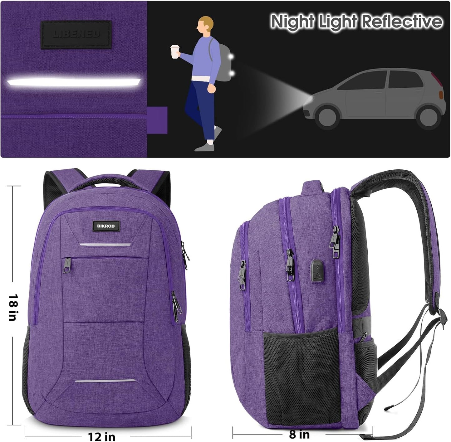 BIKROD Backpack for Men Women, School Backpacks for Teen Boys, Business Anti Theft Sturdy Travel Laptop Backpack with USB Charging Port, Water Resistant 15.6 Inch Computer Bag Gift, Purple