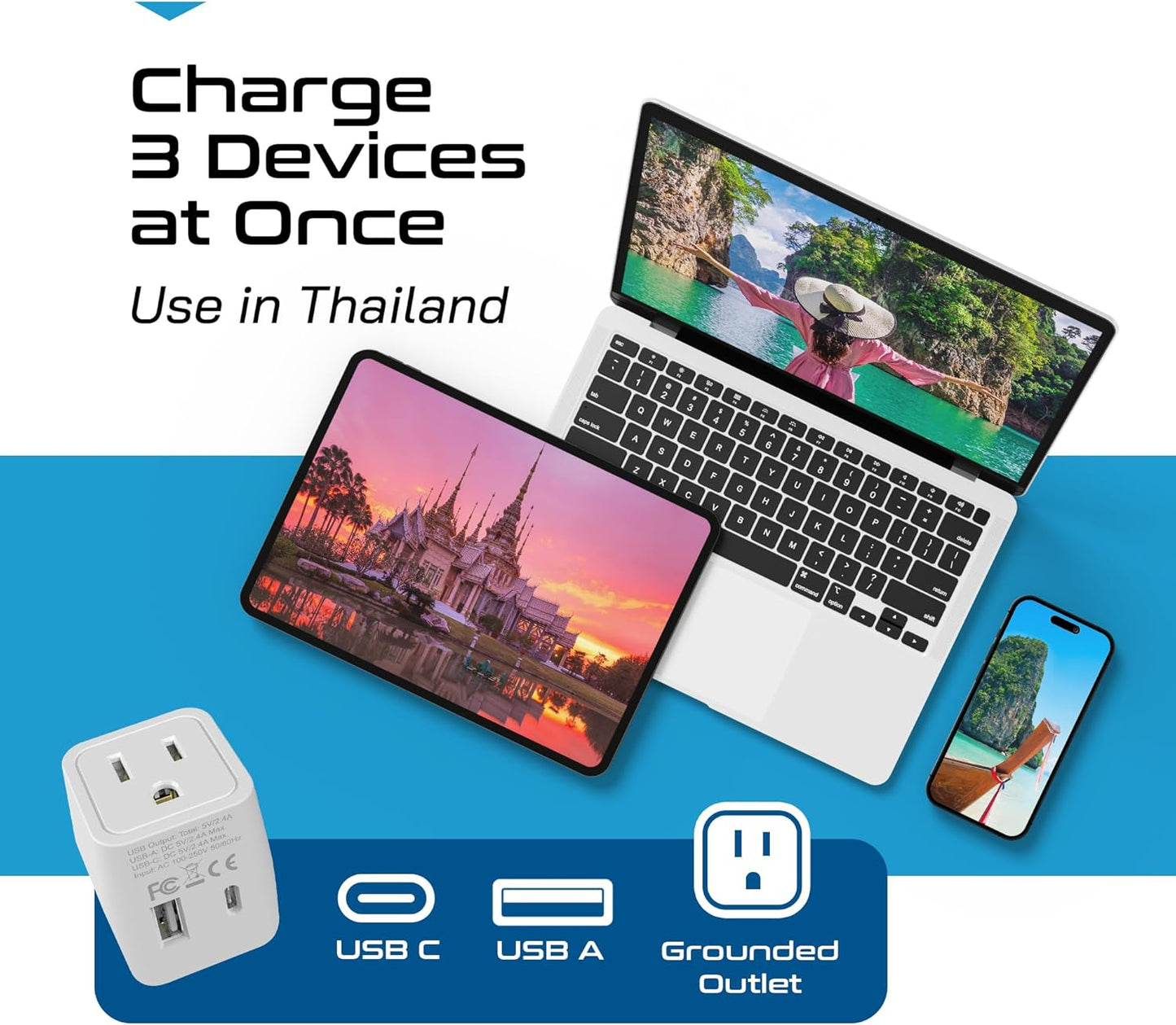 Ceptics Thailand Travel Plug Adapter – Type O Power Adapter with USB-C & A + USA Input – Ultra
