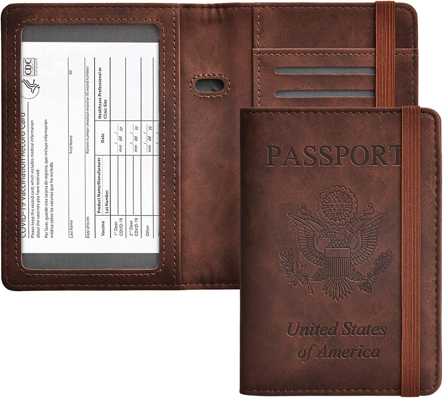 HerriaT Passport and Vaccine Card Holder Combo,Cover Case with CDC Vaccination Card Slot, Leather Travel Documents Organizer Protector, with RFID Blocking, for Women and Men