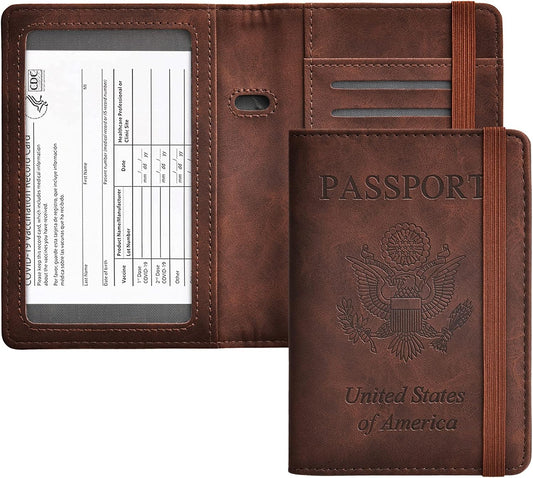 HerriaT Passport and Vaccine Card Holder Combo,Cover Case with CDC Vaccination Card Slot, Leather Travel Documents Organizer Protector, with RFID Blocking, for Women and Men
