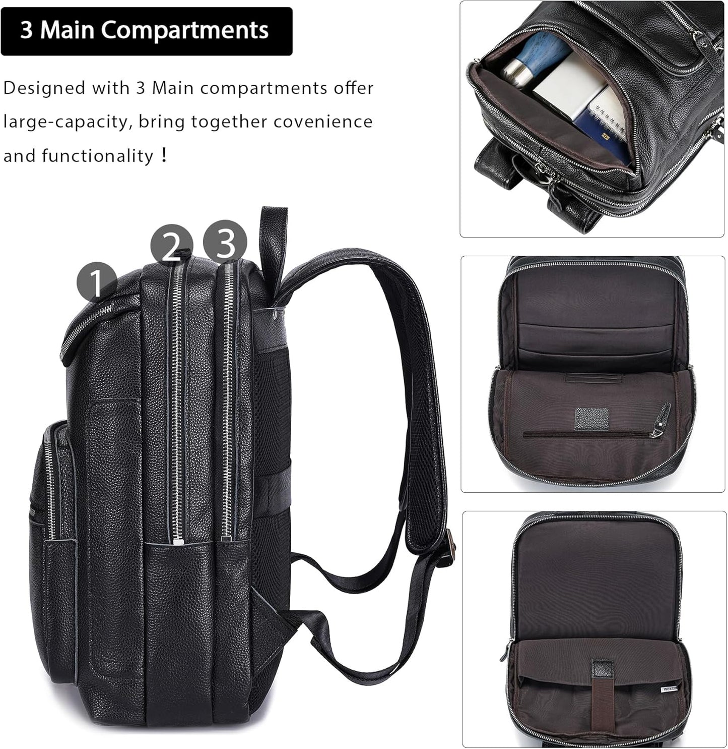 LANNSYNE Leather Backpack For Men, 15.6" Leather Laptop Backpack Hiking Travel Bag Camping Rucksack