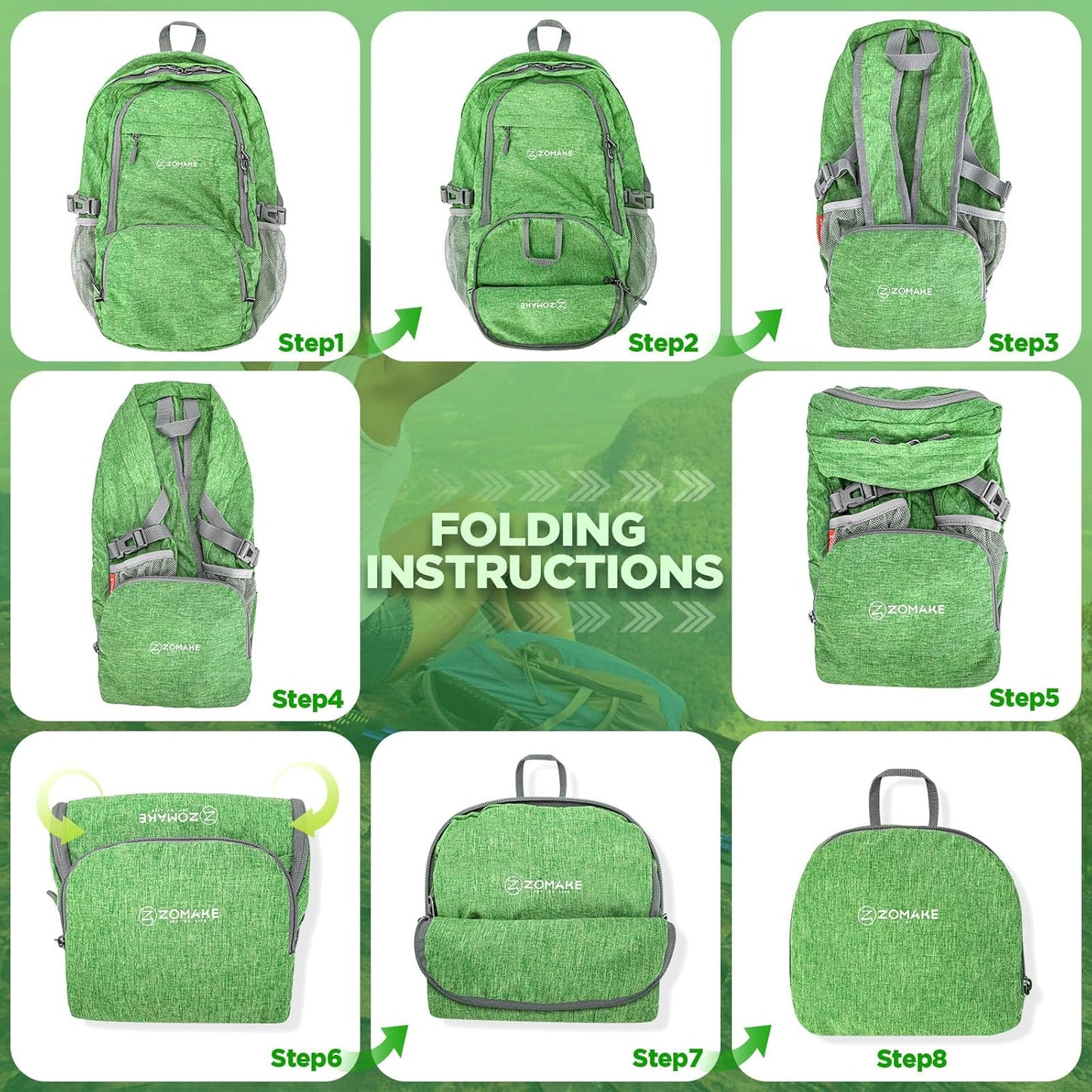 ZOMAKE Ultra Lightweight Packable Backpack 25L,Small Foldable Backpacks Hiking Water Resistant Collapsible Daypack for Women Men(Dark Green-A3)