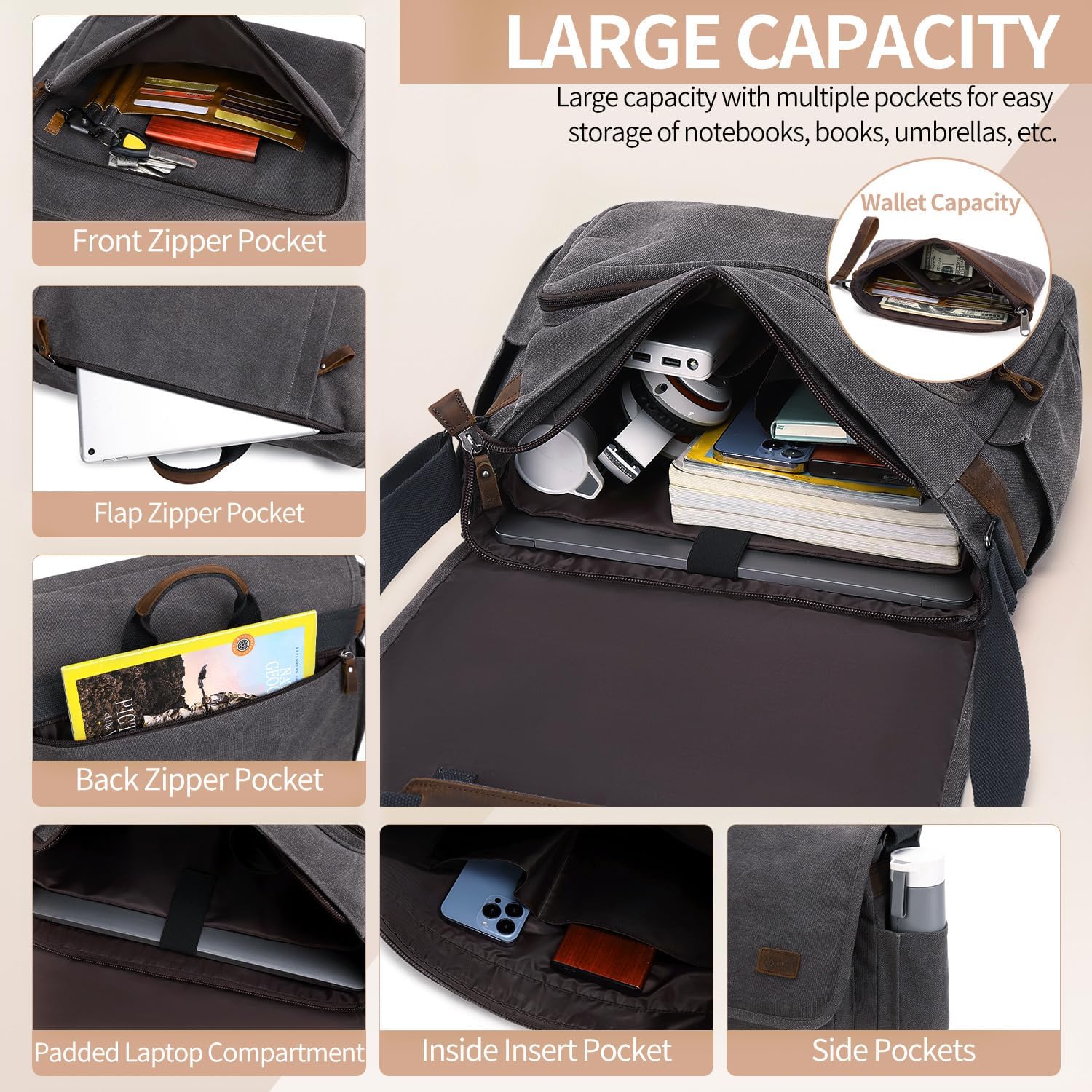 Nerlion Messenger Bag for Men 17-17.3 Inch Laptop Bag Canvas Water-resistant Computer Bag Shoulder