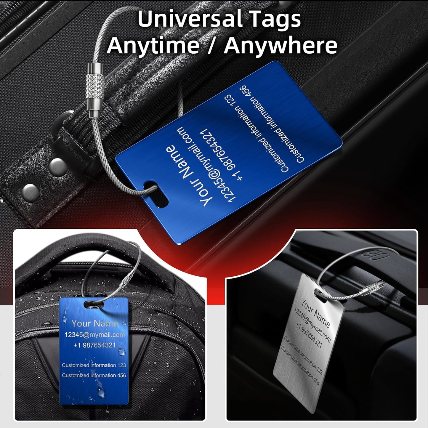 3 Pack Personalized Luggage Tags for Suitcases and Backpacks - Stainless Steel Metal Unique Custom Traval Bag Name Tags for Kids, Women, Luggage, Baggage, Cute and Funny - Bulk Set (3 Pack)