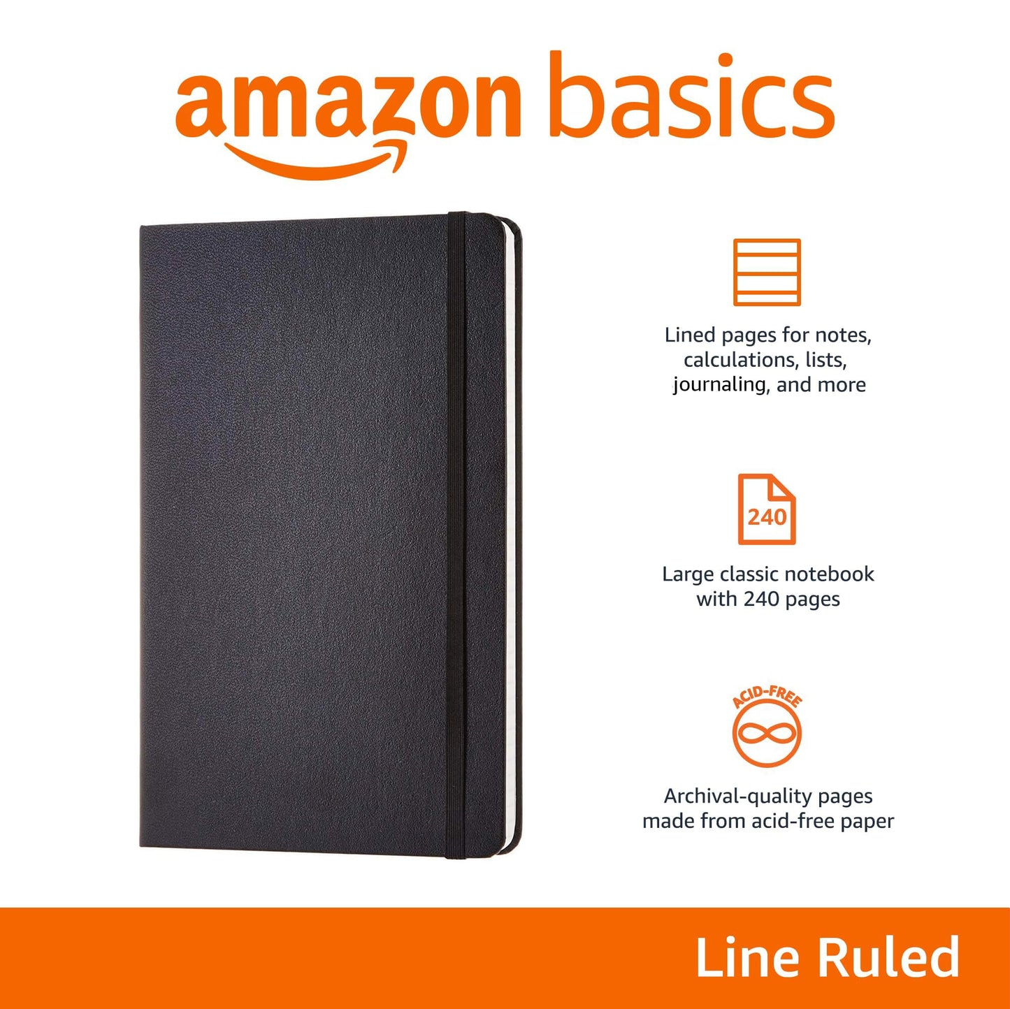 Amazon Basics Classic Lined Writing Notebook for Note Taking and Journaling, Hardcover with Elastic