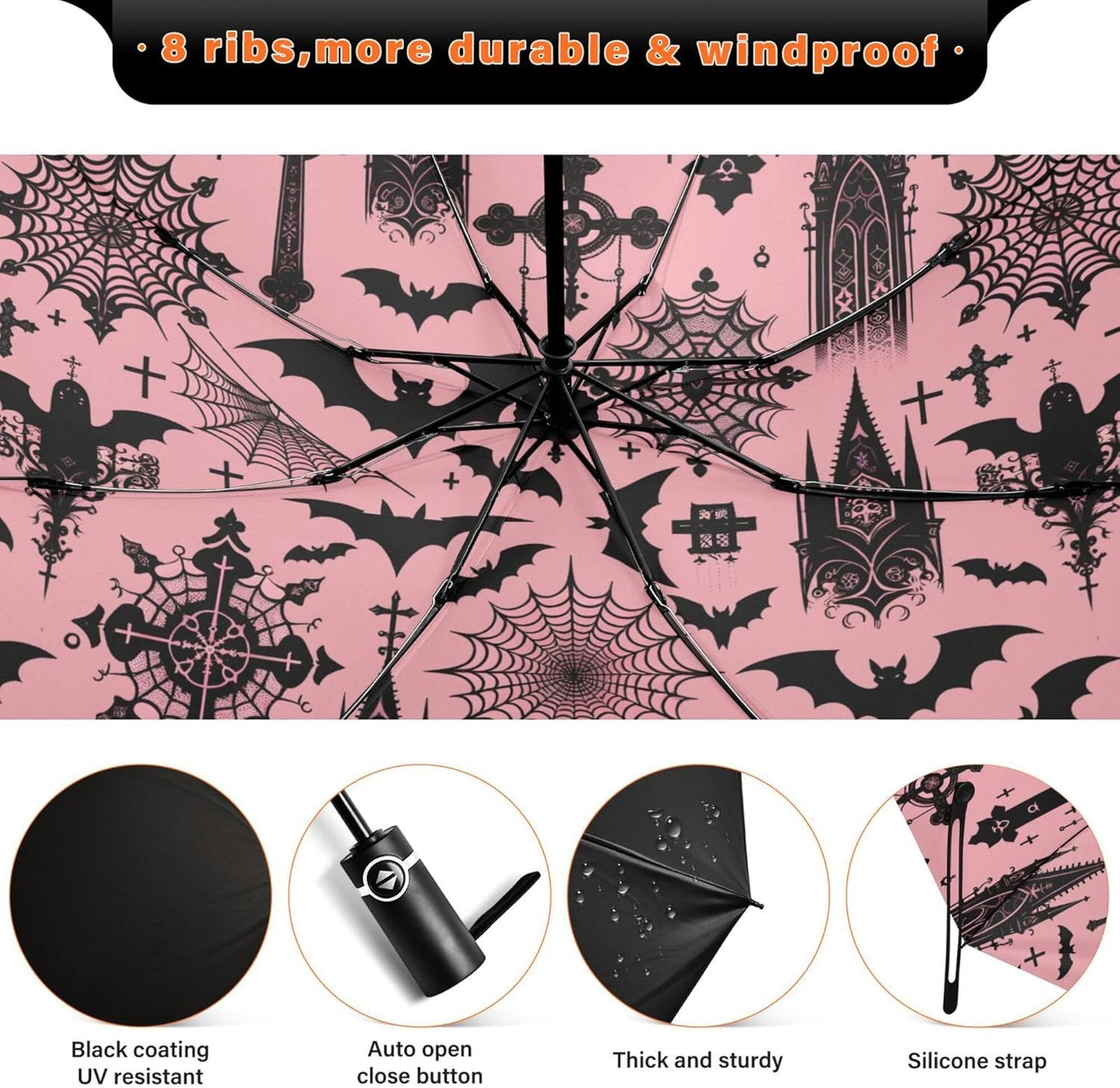Automatic Folding Umbrella Windproof Strong, UV Protection Compact Black Gothic Moon Spider Webs and Bats Sun Rain Sun Rain Travel Umbrellas for Women Men