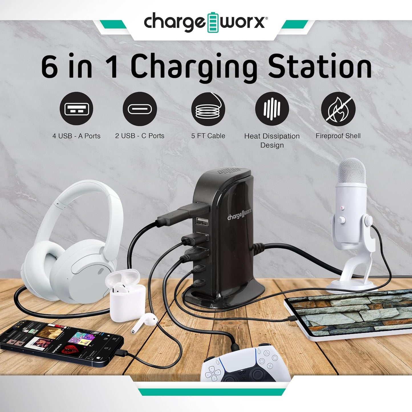 ChargeWorx Multi-Port Charger with 4 USB-A and 2 USB-C Ports, Fast Tower Charging Station, 40-Watt Output, Includes Surge Protector, Fire-Resistant Design, Compatible with iPhone and Android Devices