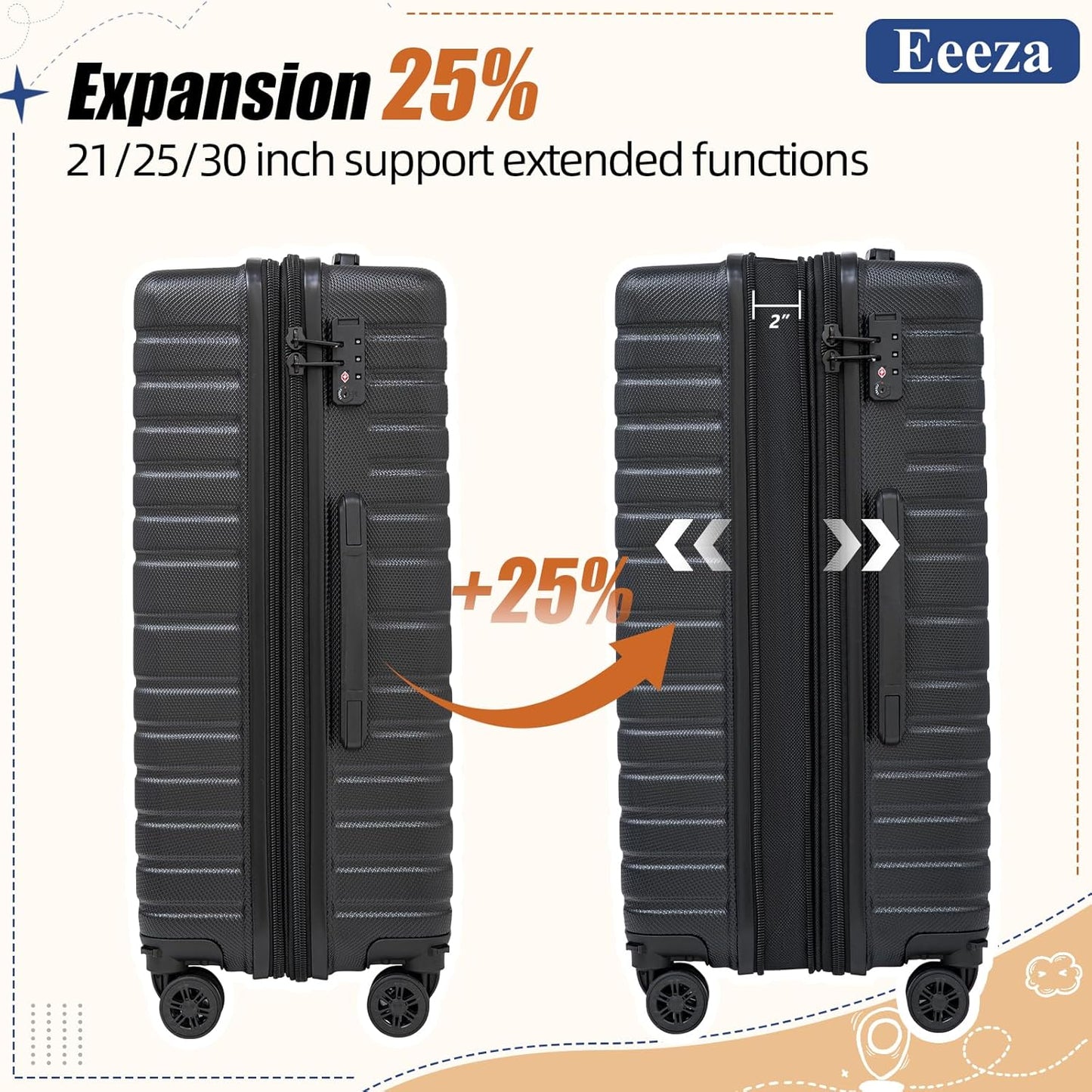 Expandable Luggage Sets 21"/25"/30" 5 Piece Luggage Set,Suitcase Sets with ABS Hard Shell Lightweight TSA Lock and Detachable Double Spinner Wheels(Black,BP/TB)