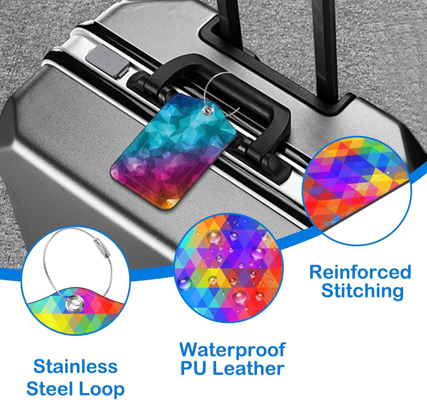 Polygonal and Rainbow Color Rhombus Luggage Tags for Suitcases Leather Travel Tags for Luggage ID Label with Privacy Cover and Stainless Steel Loop for Men Women Suitcase Backpack, Set of 2