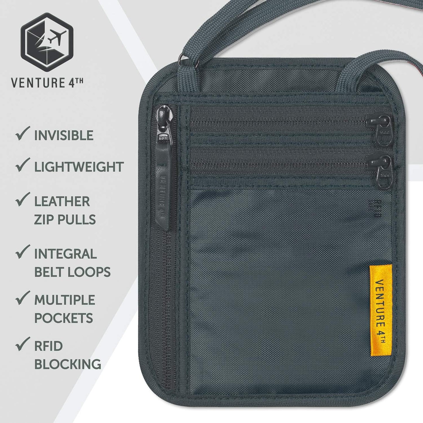 VENTURE 4TH Slim Passport Holder Neck Pouch with RFID Blocking Travel Neck Wallet and a Nylon Lining (Gray)